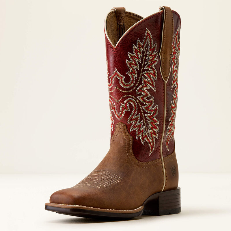 Ariat Canyon Point Wide Square Toe Western Boot in Desert Sand / Heart Throb Red, front three-quarter view