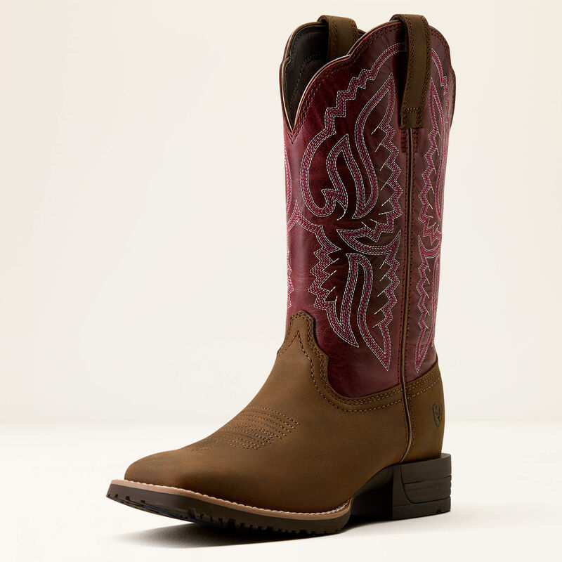 Ariat Hybrid Ranchwork Wide Square Toe Western Boot in Backwoods Brown / Berry Spice, front three-quarter view