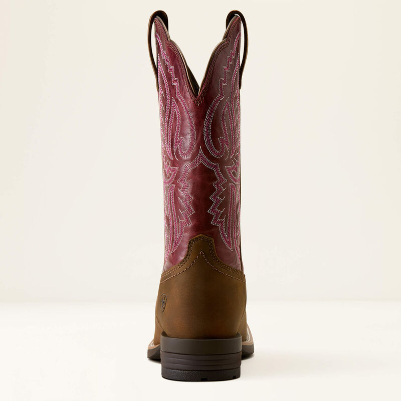 Ariat Hybrid Ranchwork Wide Square Toe Western Boot in Backwoods Brown / Berry Spice, rear heel view