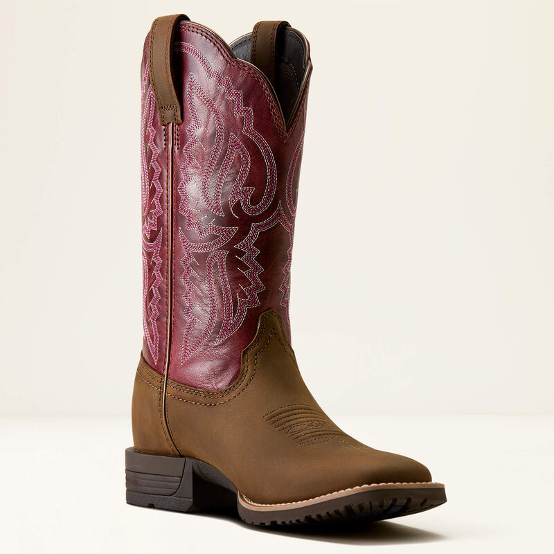 Ariat Hybrid Ranchwork Wide Square Toe Western Boot in Backwoods Brown / Berry Spice, inner side view