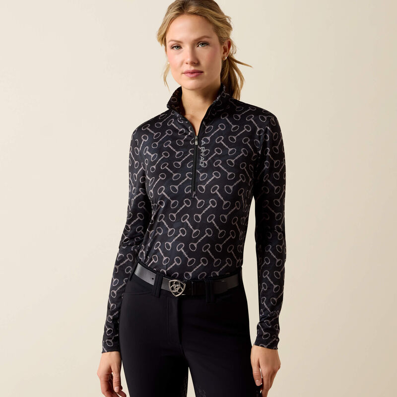 Ariat Lunaveil 1/2 Zip Baselayer in Black French Link Print, front view