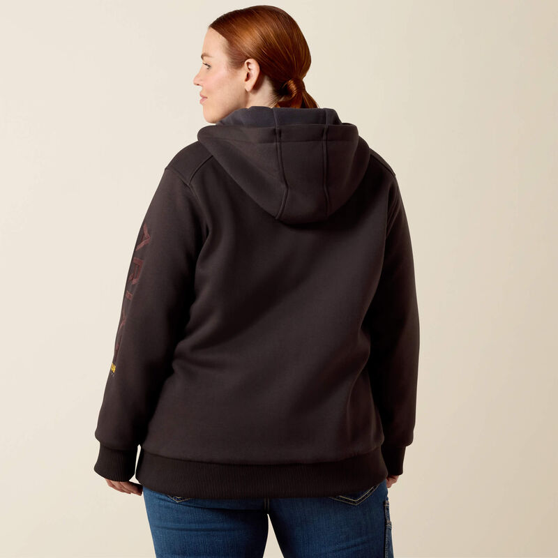Ariat Rebar All-Weather Full Zip Hoodie in Espresso, back view on a second model