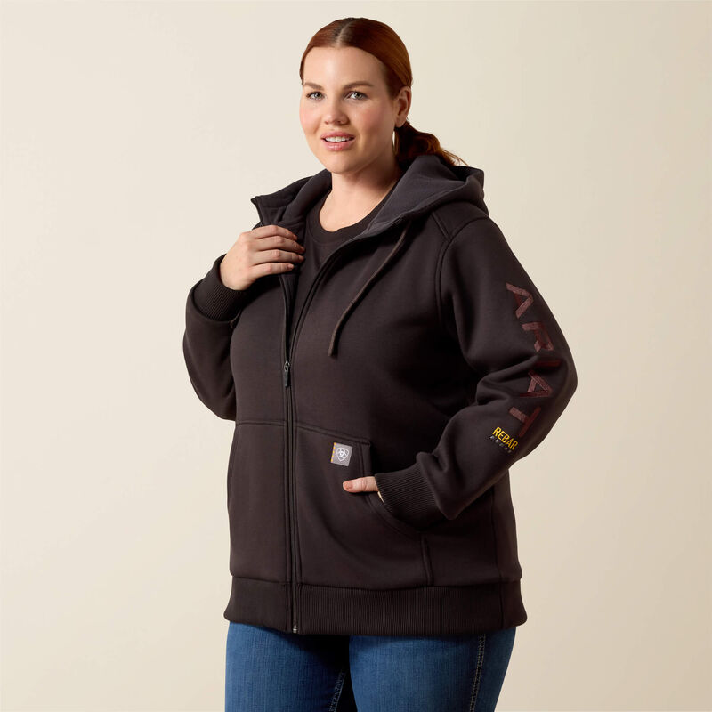 Ariat Rebar All-Weather Full Zip Hoodie in Espresso, front view on a second model