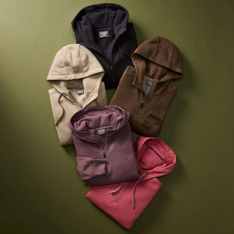 Ariat Rebar All-Weather Full Zip Hoodie in Espresso, lifestyle view