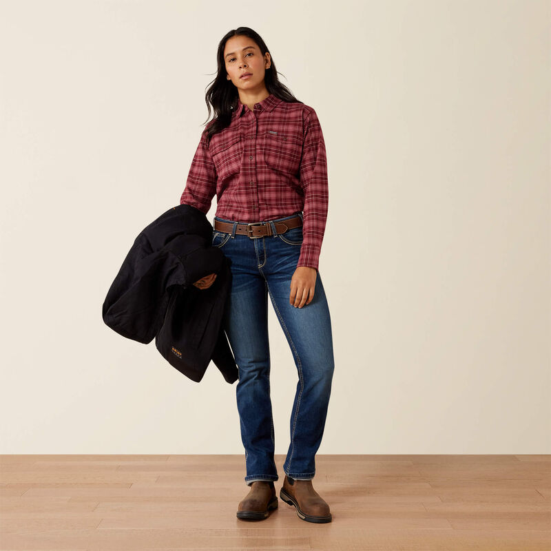 Ariat Rebar Flannel DuraStretch Work Shirt in Windsor Wine, full outfit view