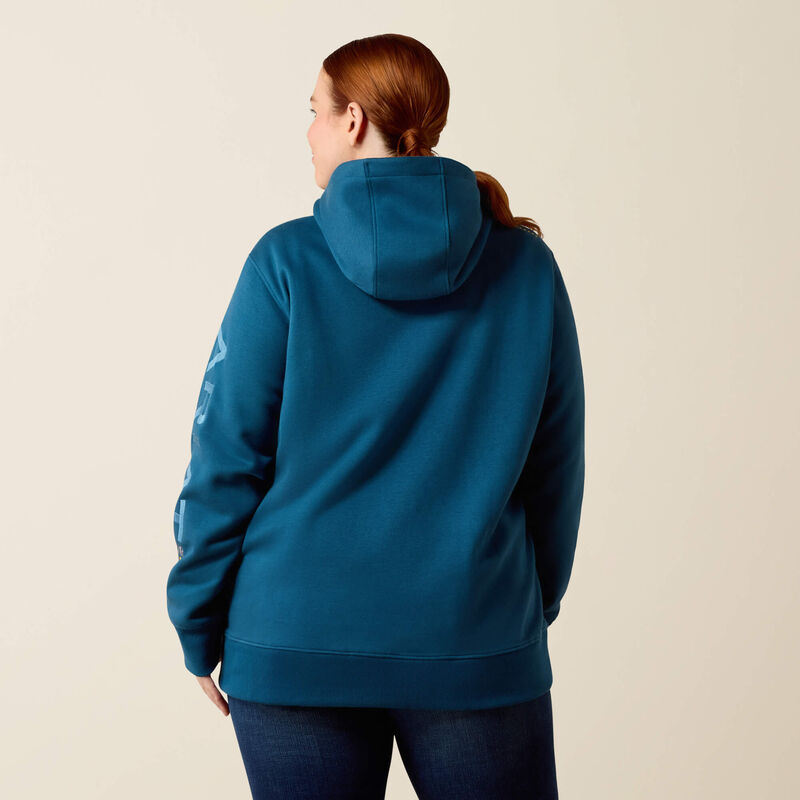 Ariat Rebar Workman Graphic Hoodie in Deep Dive / Storm Blue, back view on a second model