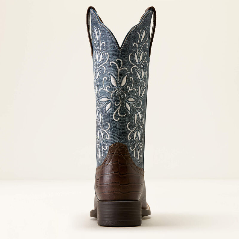 Ariat Round Up Holly Wide Square Toe Western Boot in Chocolate Croc Print / Denim Croc Print, rear heel view