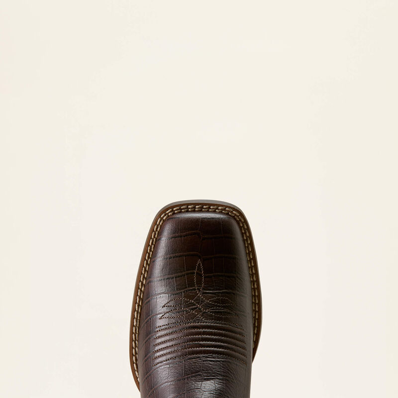 Ariat Round Up Holly Wide Square Toe Western Boot in Chocolate Croc Print / Denim Croc Print, toe and upper view