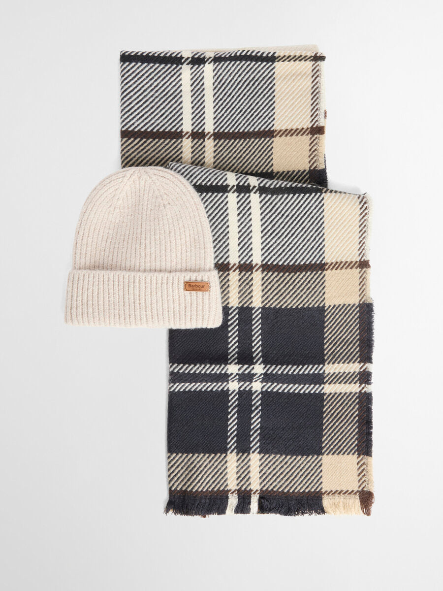 BARBOUR Pendle Beanie & Blair Scarf Gift Set - Womens - Light Birchwood Tartan