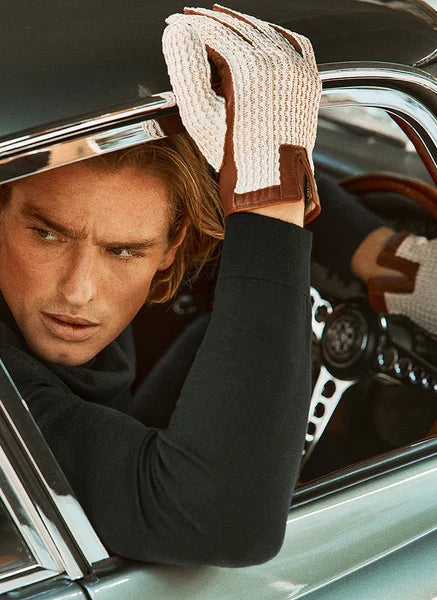 DENTS Lancaster Crochet Back Imitation Peccary Leather Driving Gloves - Mens - Neutral & Cognac Dents