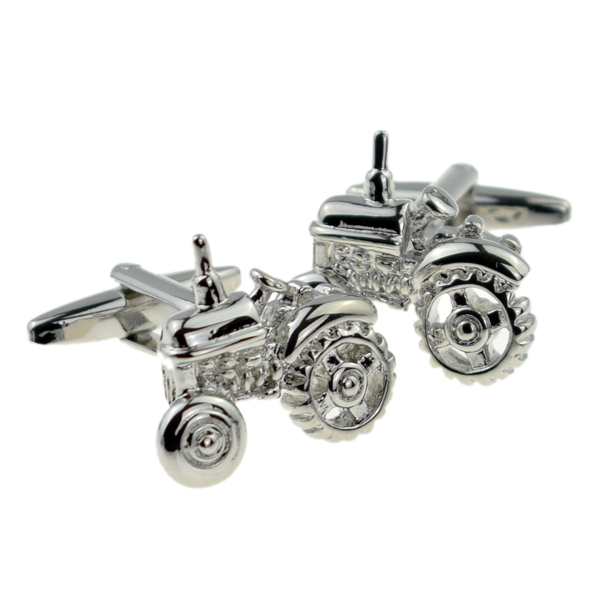 Pair of Farley's Farmers Tractor Cufflinks in a polished silver-tone tractor design on a white background