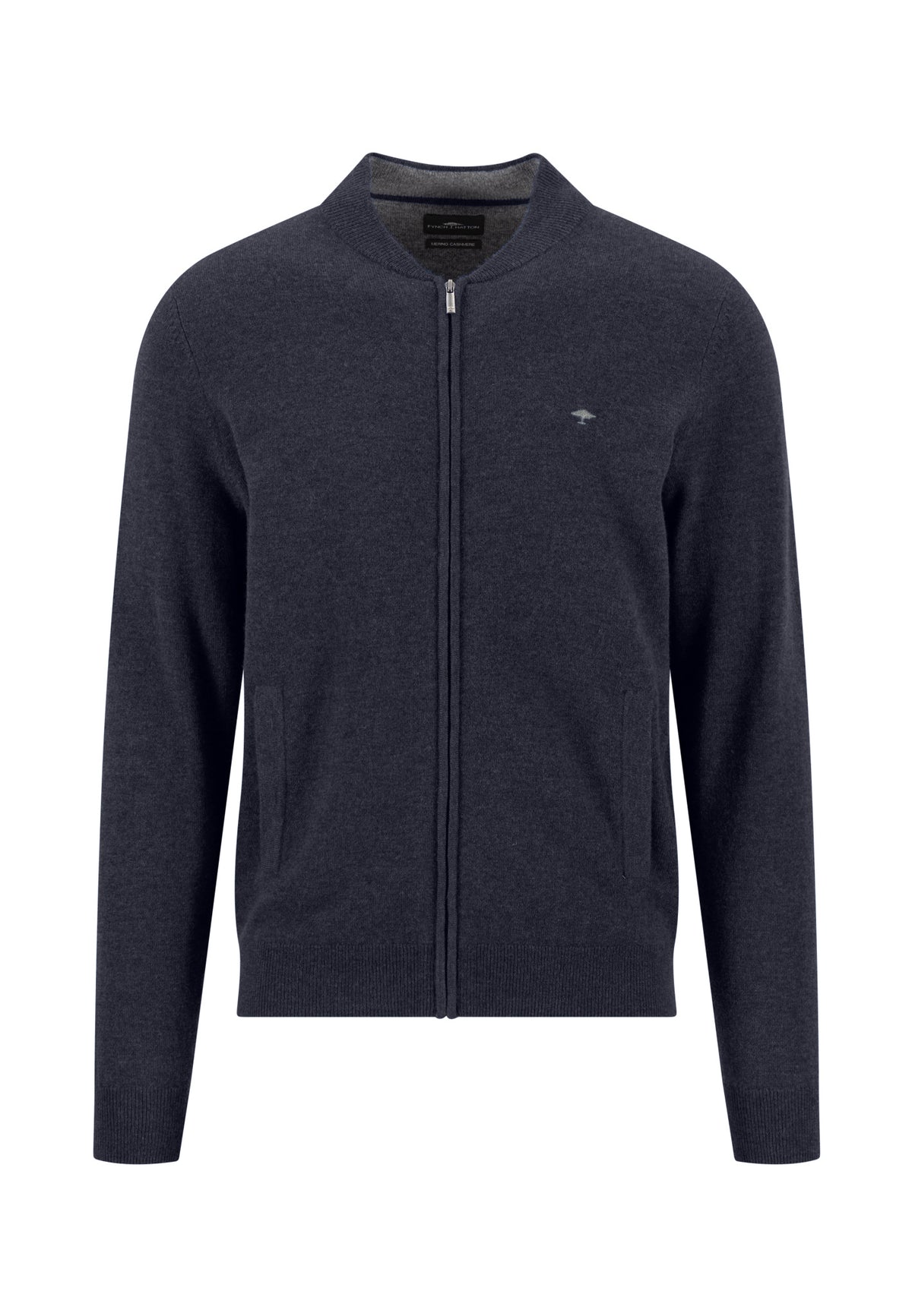Fynch Hatton men's full zip merino cashmere cardigan in Navy – front view