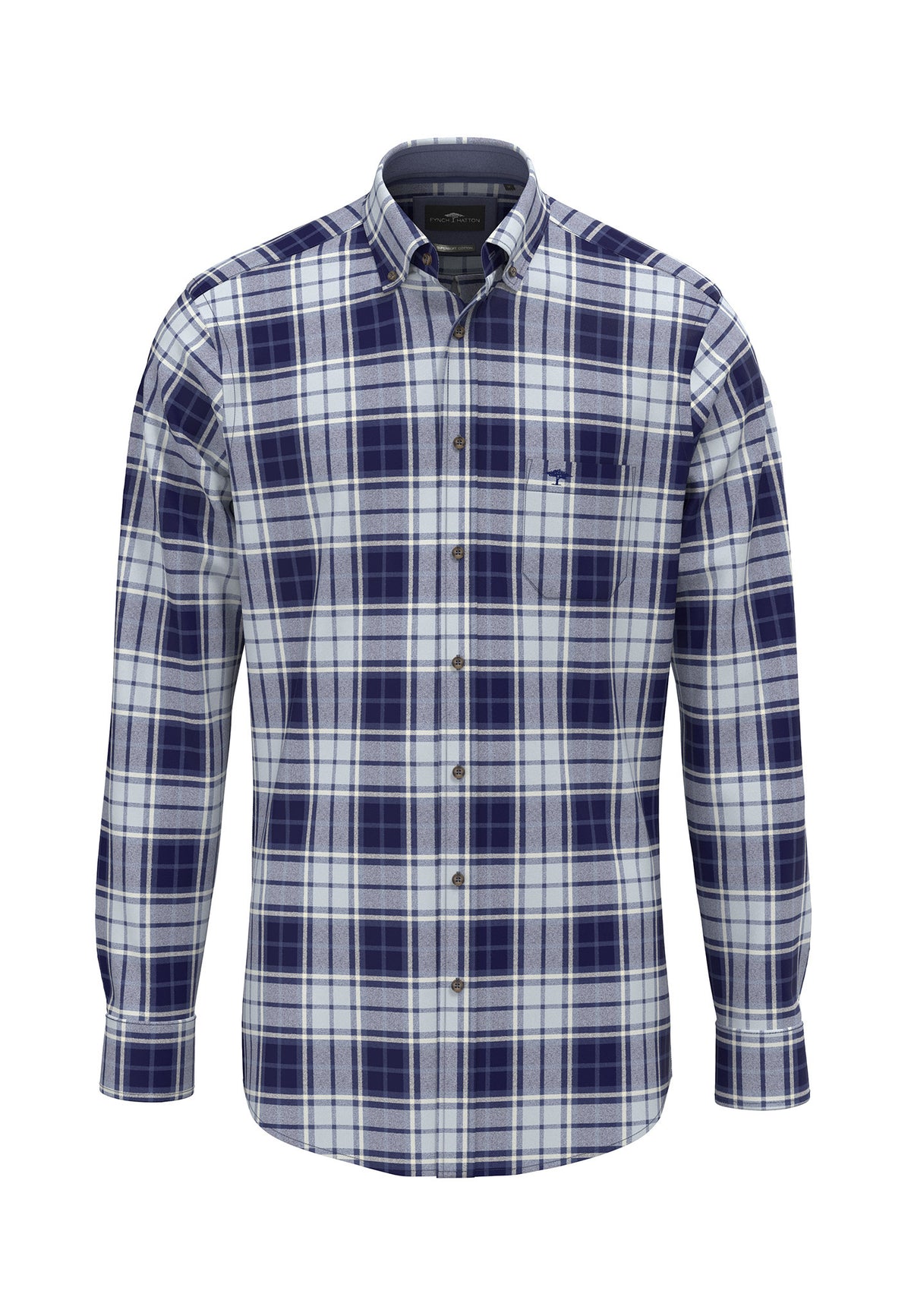 Fynch Hatton men's blue flannel check button-down shirt in Navy – front view