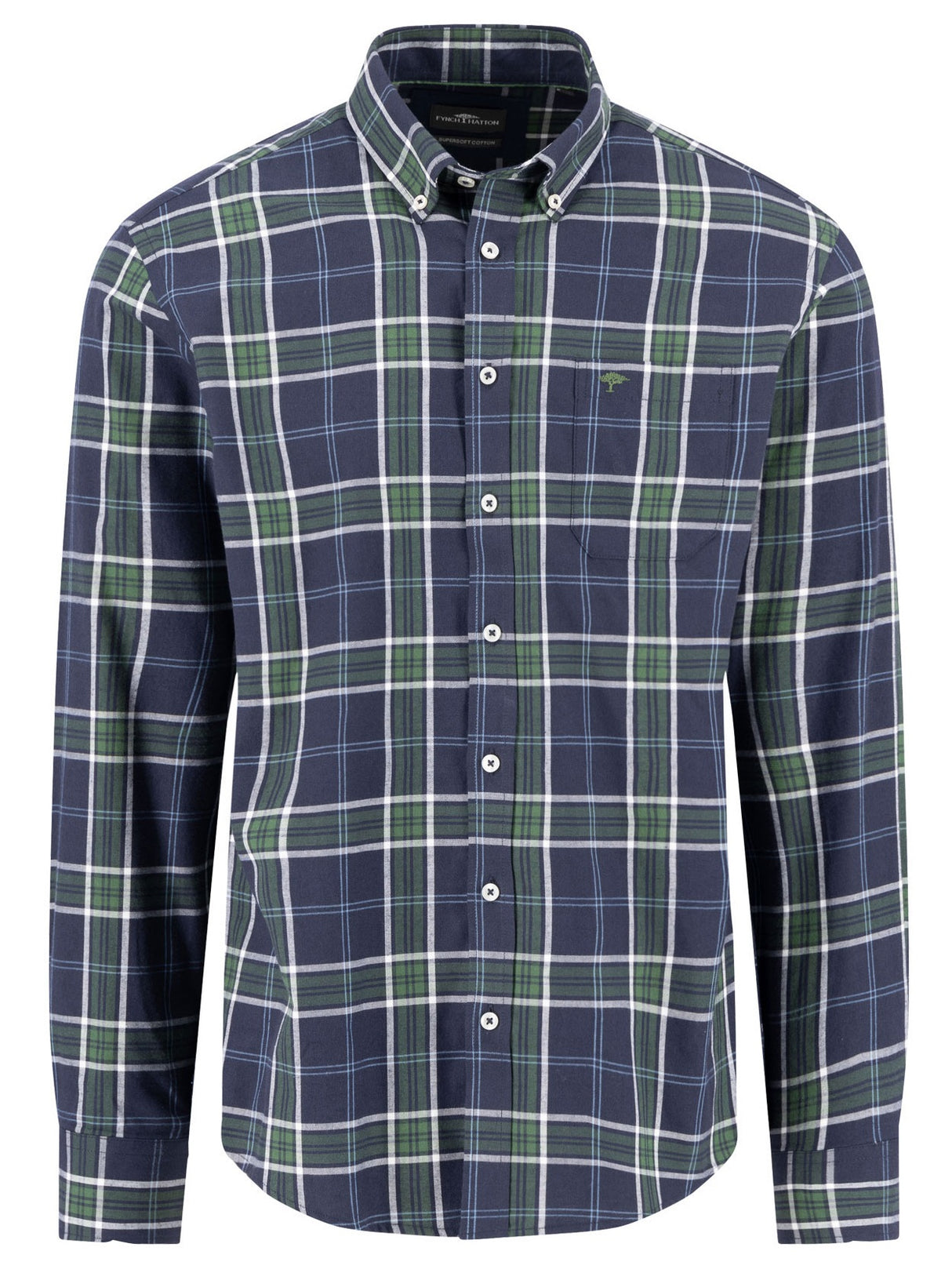 FYNCH HATTON Checked Cotton Shirt – Men’s Button-Down – Green/Blue