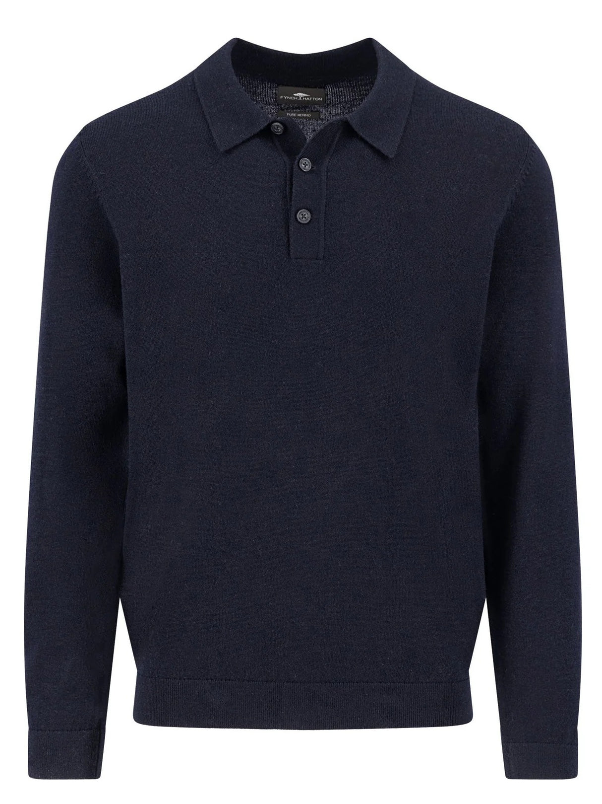 FYNCH HATTON Long Sleeve Polo Shirt - Men's Knitted Merino – Navy