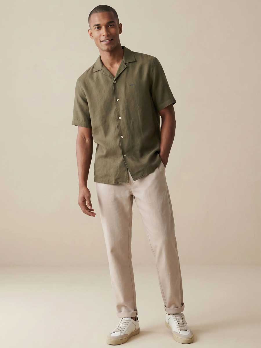 FYNCH HATTON Lapel Collared Short-Sleeve Shirt - Mens Pure Linen - Dark Khaki