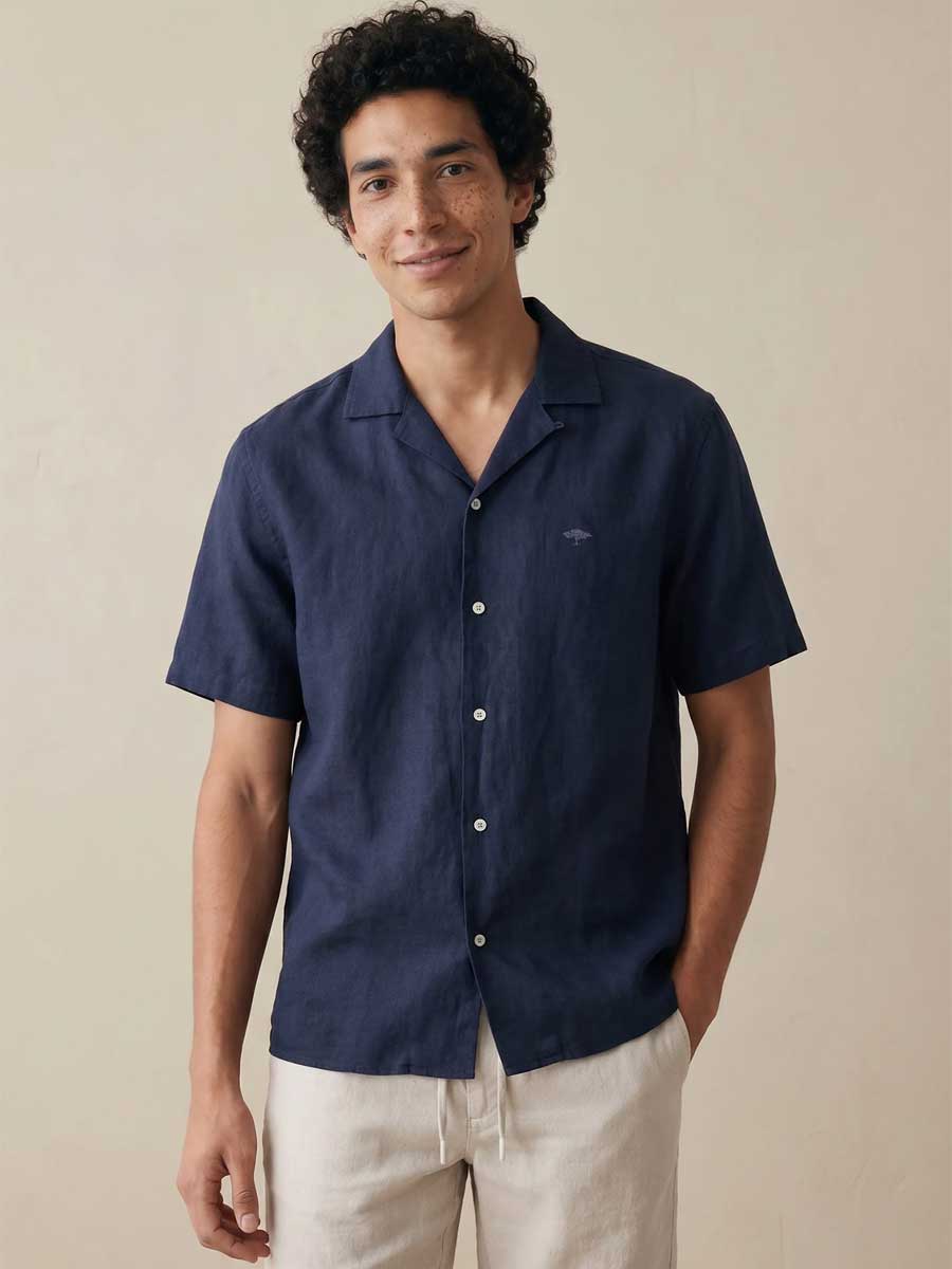 FYNCH HATTON Lapel Collared Short-Sleeve Shirt - Mens Pure Linen - Navy