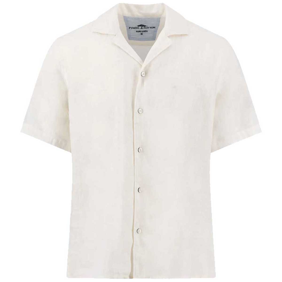 FYNCH HATTON Lapel Collared Short-Sleeve Shirt - Mens Pure Linen - White