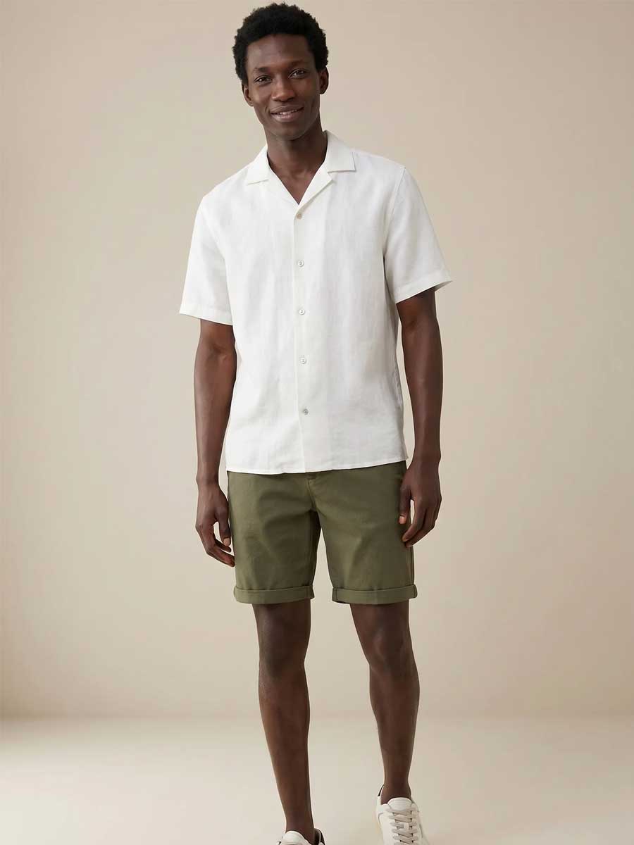 FYNCH HATTON Lapel Collared Short-Sleeve Shirt - Mens Pure Linen - White