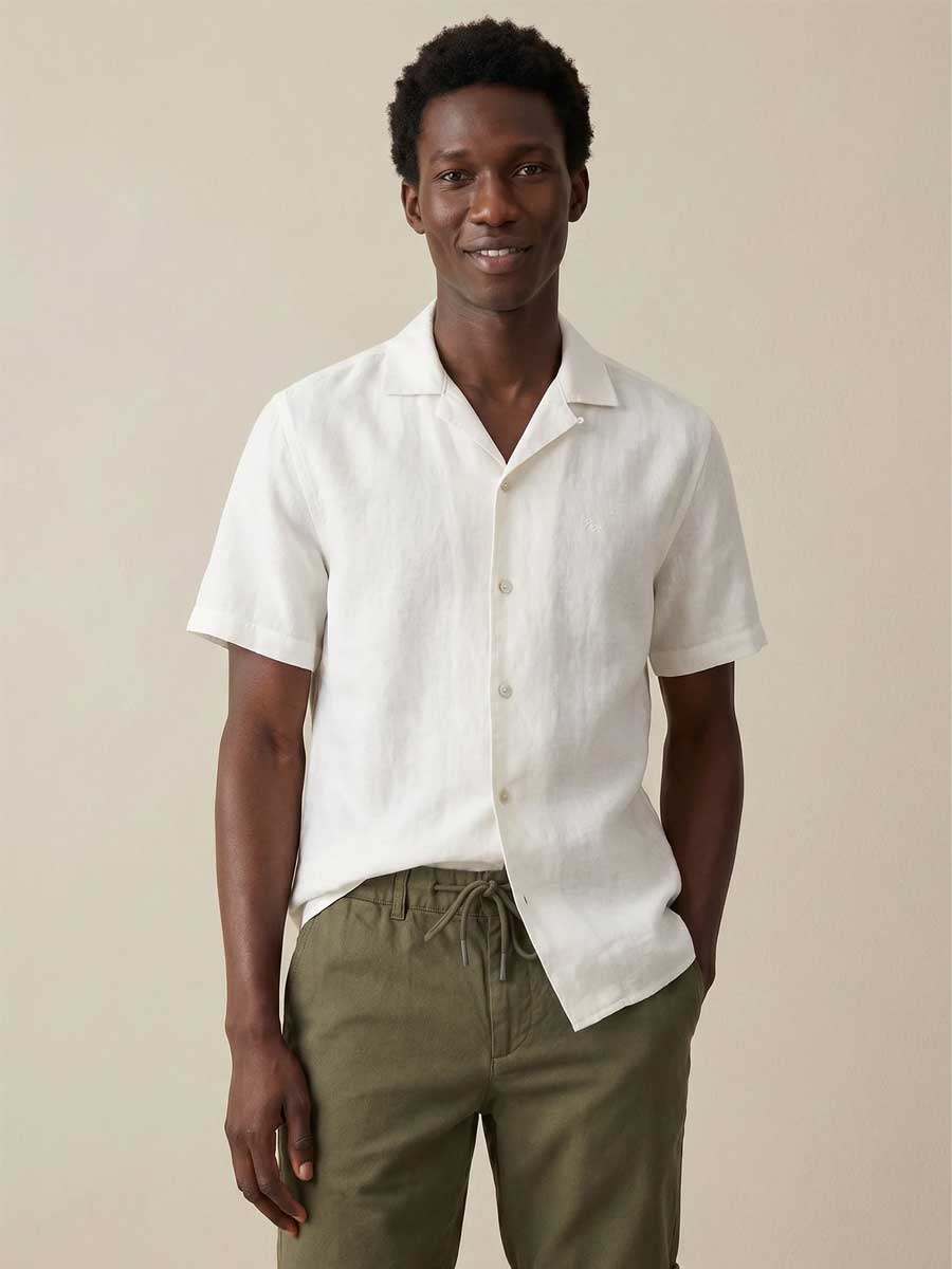 FYNCH HATTON Lapel Collared Short-Sleeve Shirt - Mens Pure Linen - White