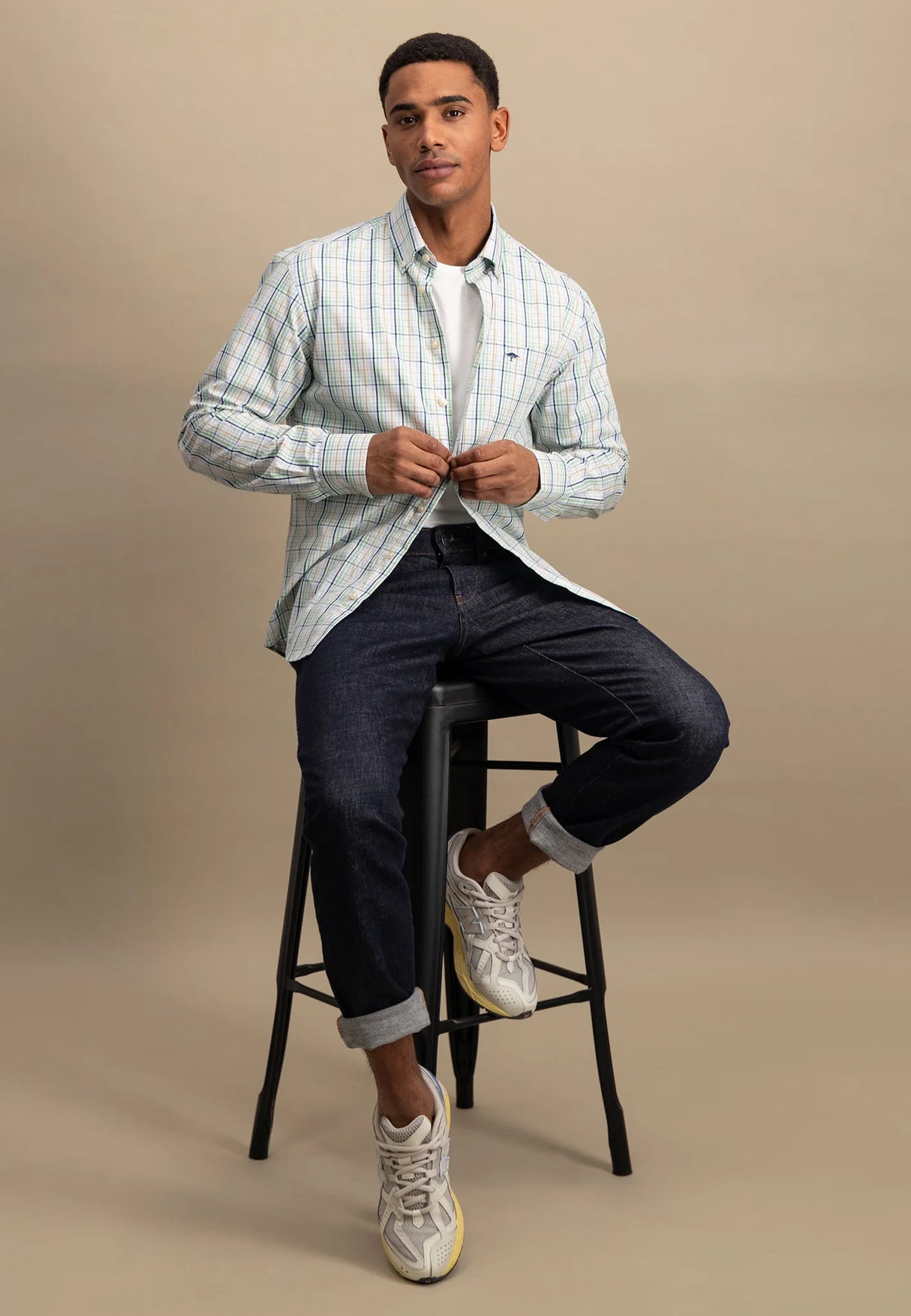 60% OFF FYNCH HATTON Pure Cotton Checked Shirt - Men's - Turf Green - Size: SMALL