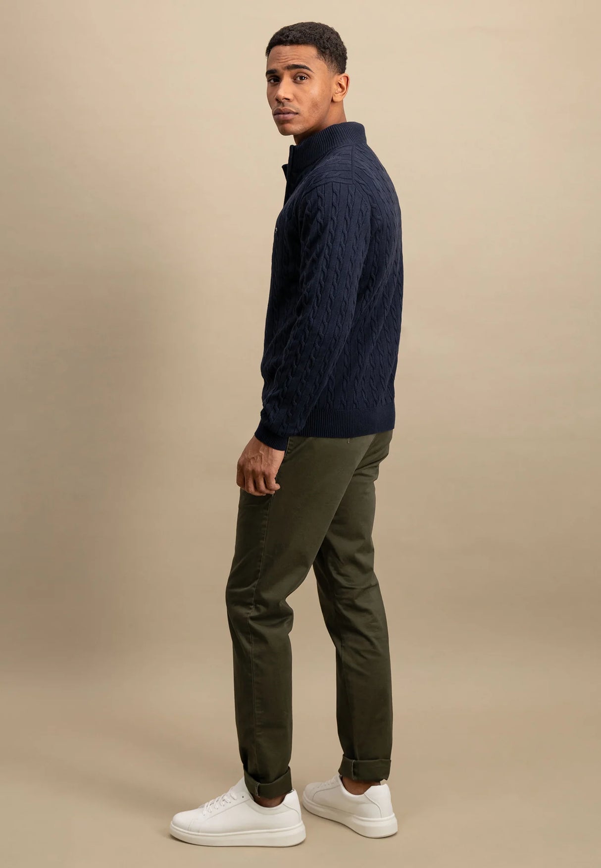 FYNCH HATTON Troyer 1/4 Zip Soft Cable Knit - Men's – Navy