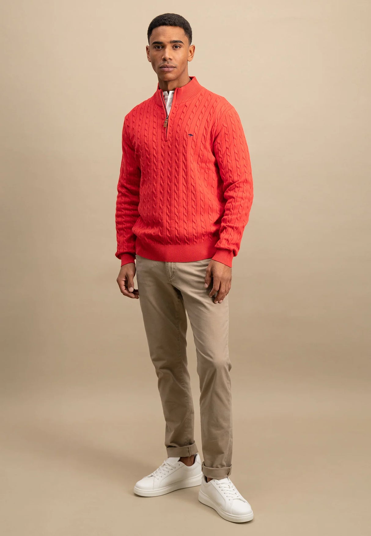 50% OFF FYNCH HATTON Troyer 1/4 Zip Soft Cable Knit - Men's – Poppy Red - Size: 3XL