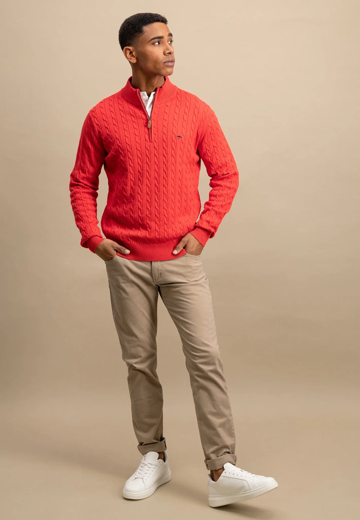 50% OFF FYNCH HATTON Troyer 1/4 Zip Soft Cable Knit - Men's – Poppy Red - Size: 3XL