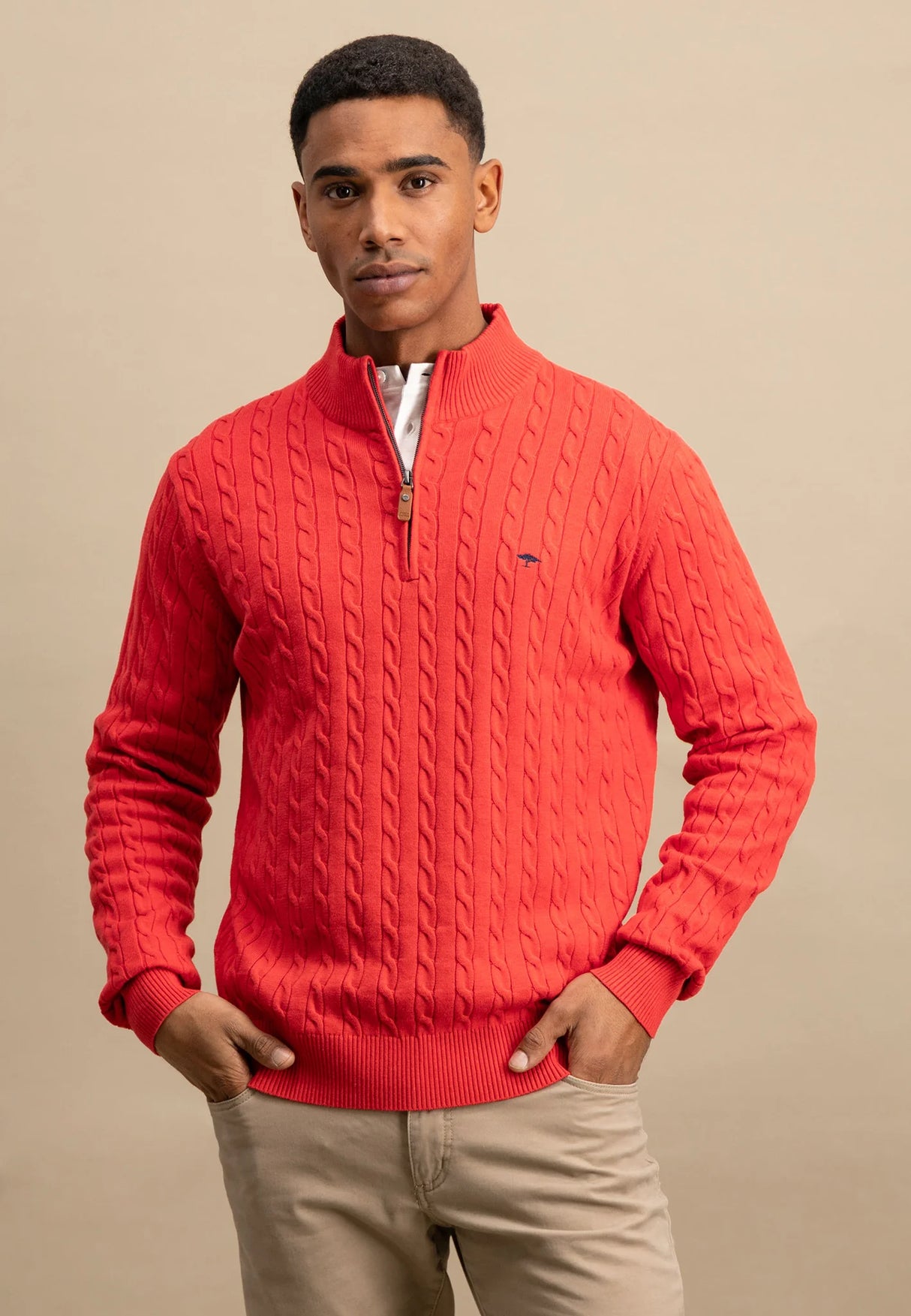 50% OFF FYNCH HATTON Troyer 1/4 Zip Soft Cable Knit - Men's – Poppy Red - Size: 3XL