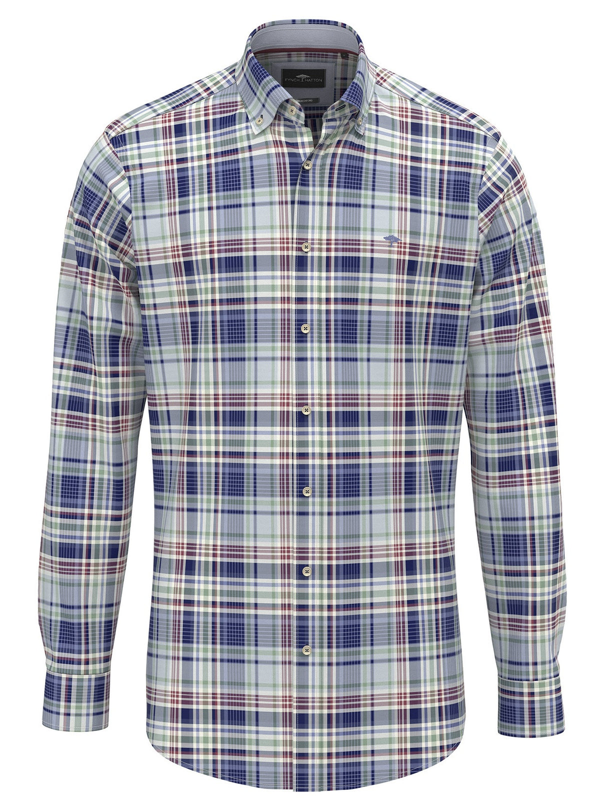 FYNCH HATTON Washed Oxford Check Shirt – Men's Button-Down – Blue/Berry
