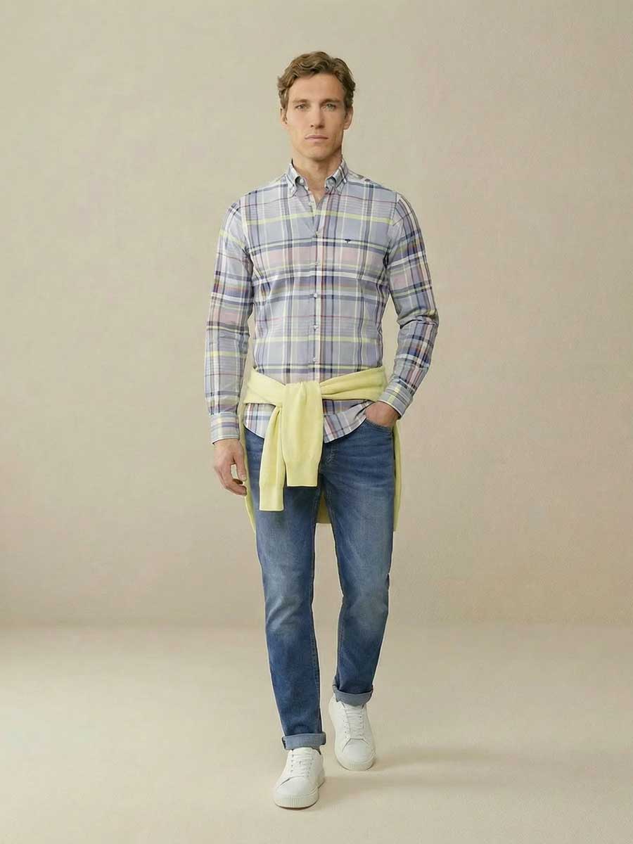 FYNCH HATTON Washed Oxford Check Shirt - Men's Button-Down - New Breeze