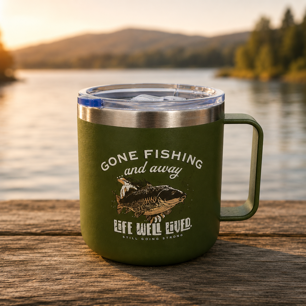 LIFE WELL LIVED Gone Fishing 14oz Thermal Mug - Green