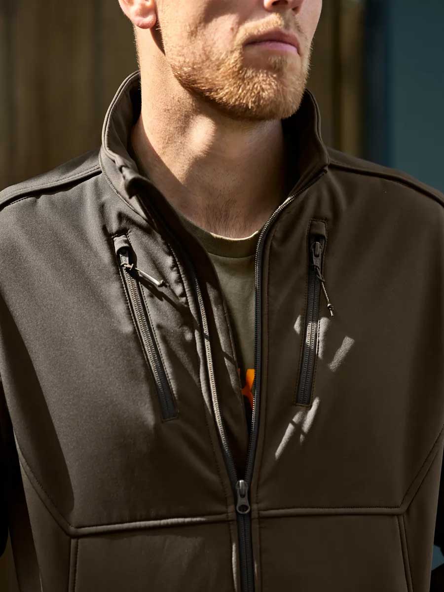 HARKILA Scandinavian Softshell Jacket - Mens - Willow Green / Shadow Brown - worn front view
