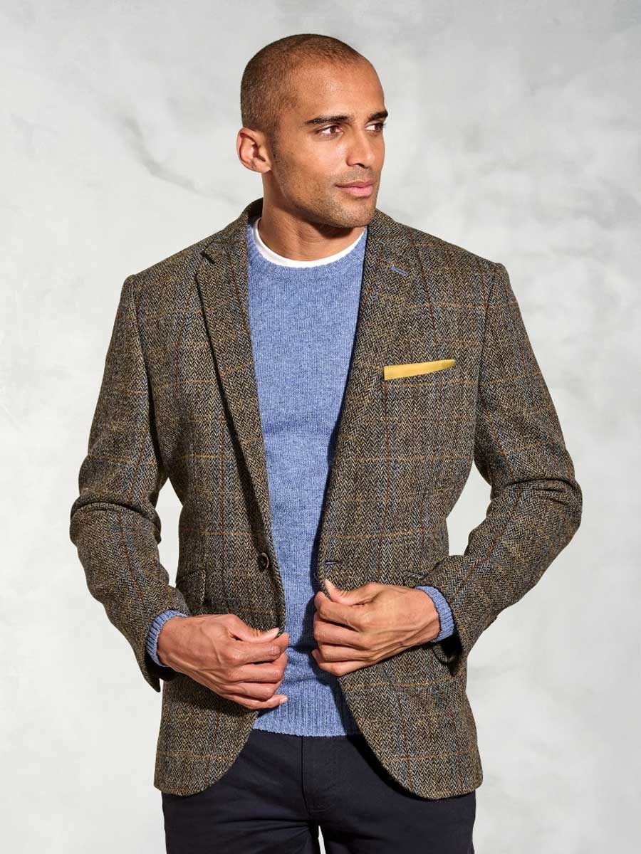 HARRIS TWEED Sumburgh Tailored Fit Jacket - Mens - Green & Blue Herringbone Check