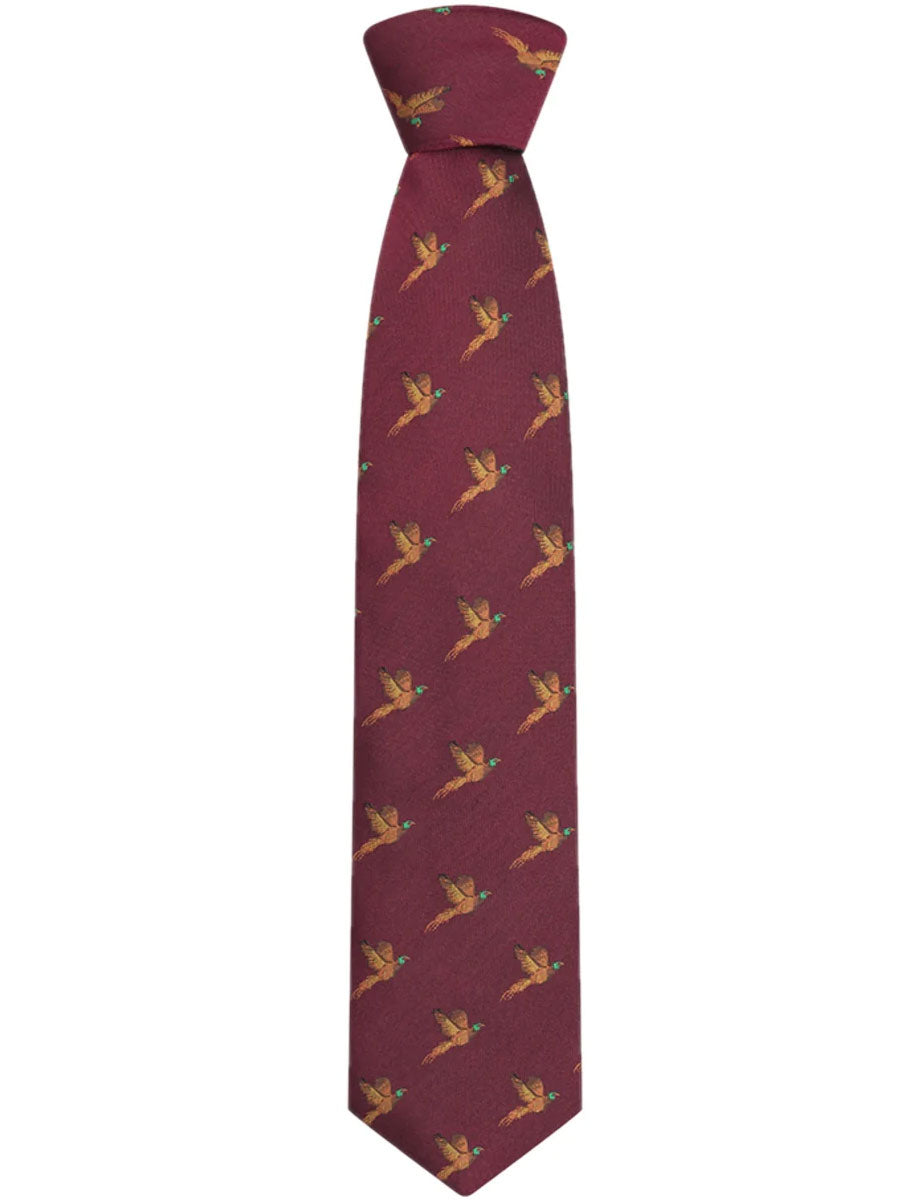 HOGGS OF FIFE 100% Silk Woven Tie Pheasants Boxed - Wine