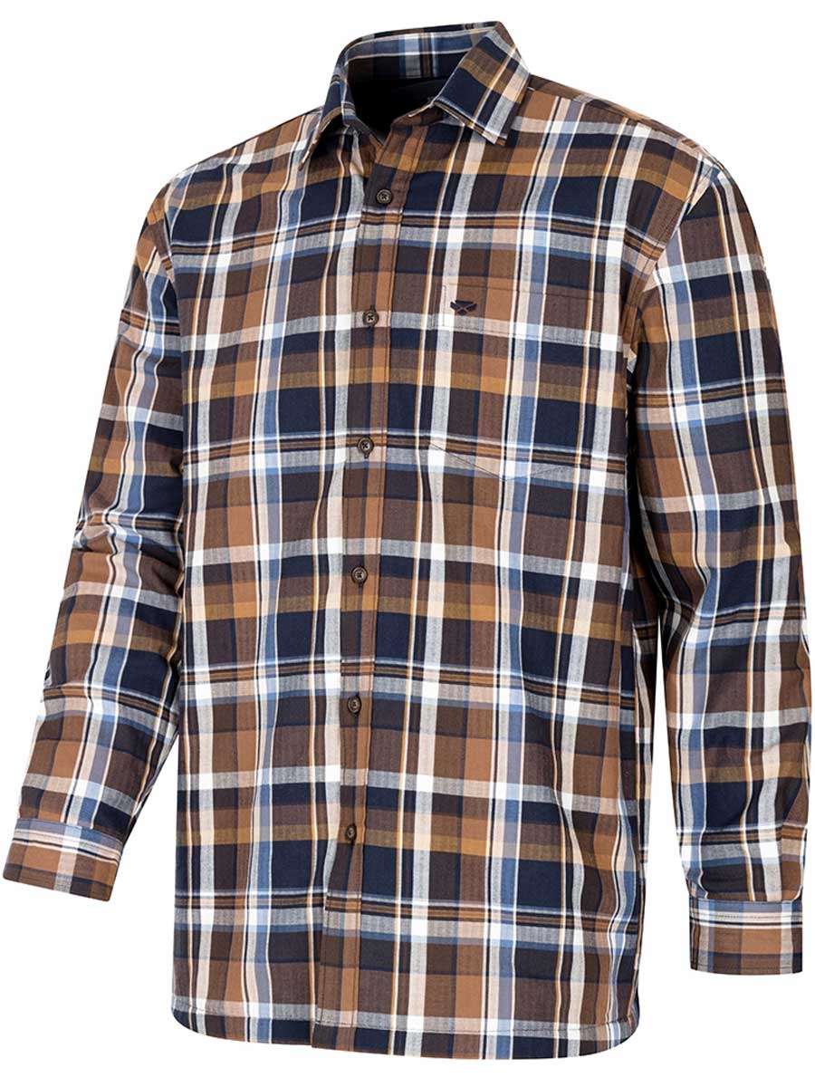 HOGGS OF FIFE Arran Microfleece Lined Cotton Shirt - Mens - Navy / Brown Check Hoggs of Fife