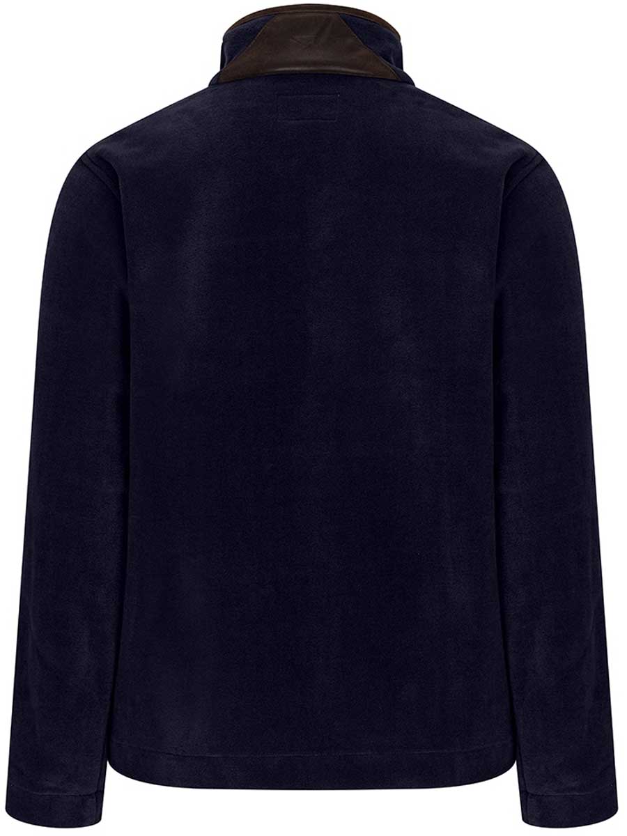 Navy jacket with brown collar on a white background