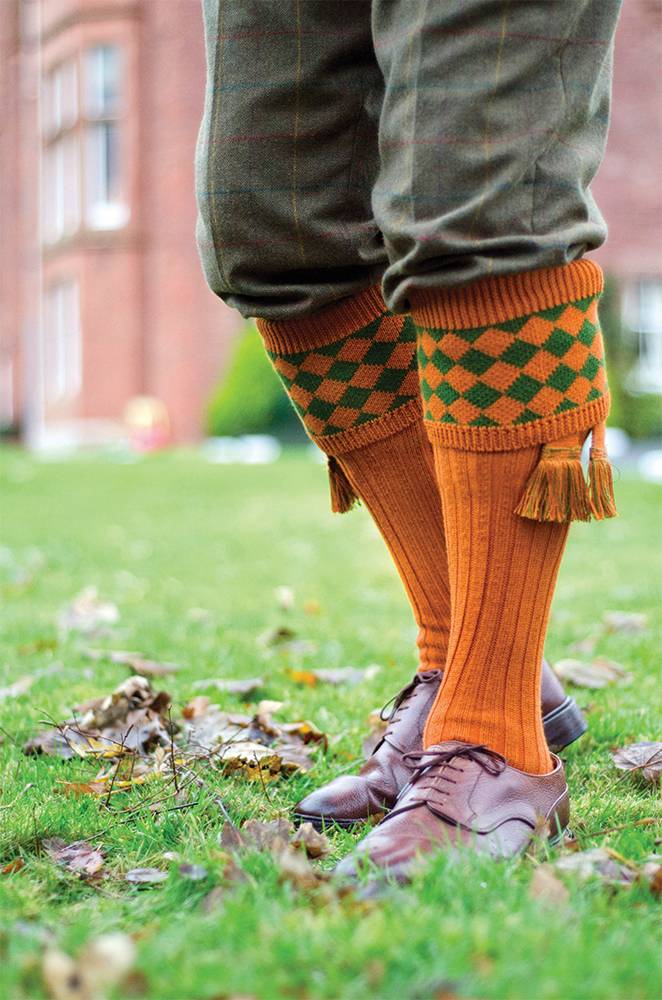 HOUSE OF CHEVIOT Chessboard Shooting Socks - Mens - Ochre House Of Cheviot