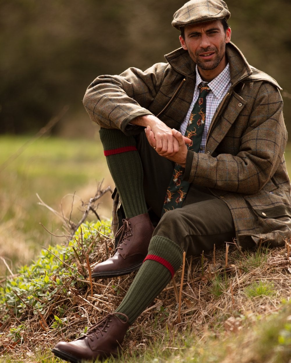 HOUSE OF CHEVIOT Estate Shooting Socks - Mens - Spruce & Brick Red House Of Cheviot