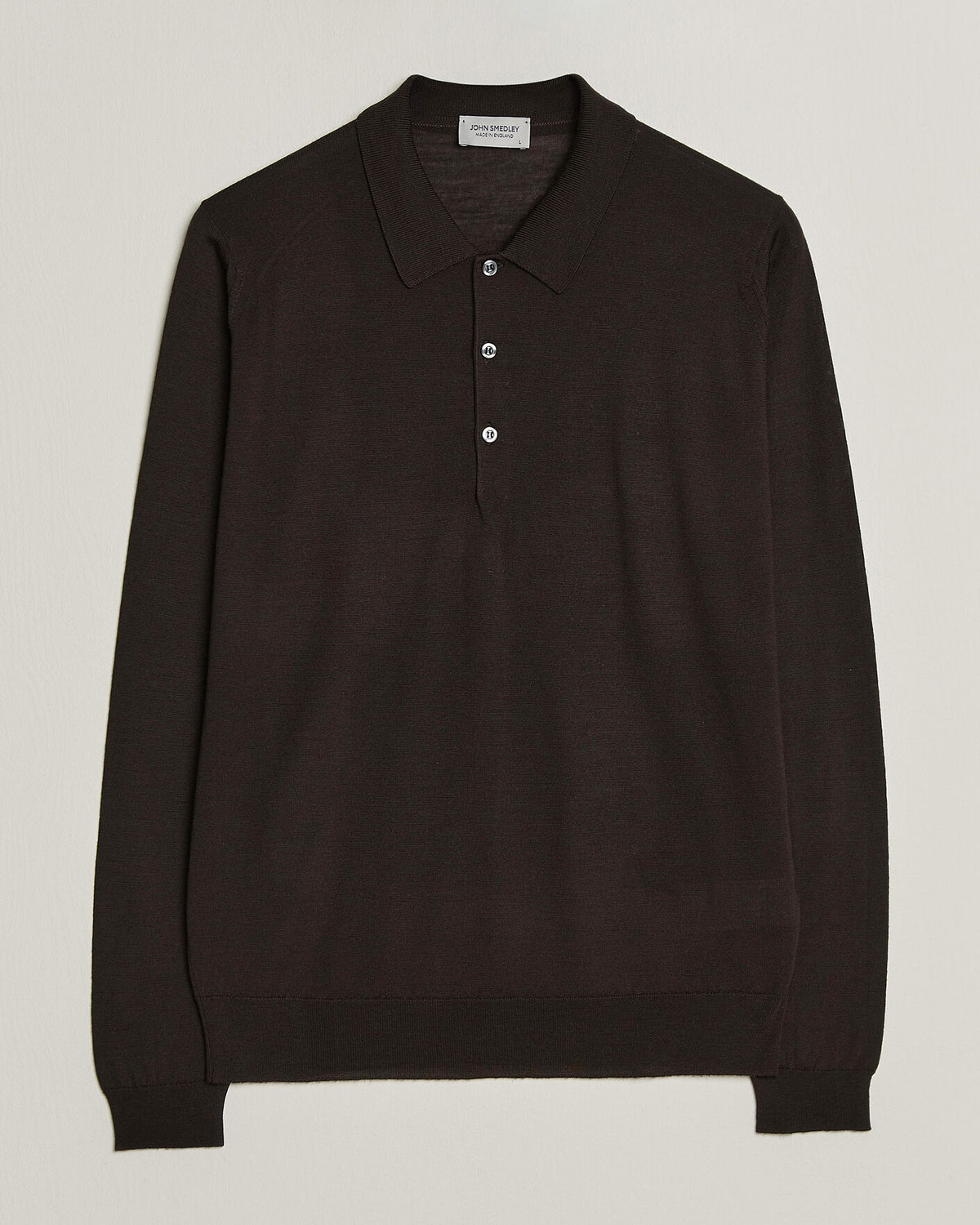 John Smedley Belper long-sleeved merino polo in Faulkner Brown — front view