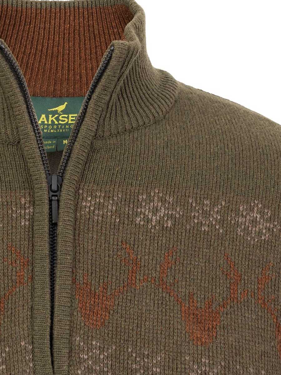 LAKSEN Deer Jacquard Zip Neck Sweater - Mens - Green