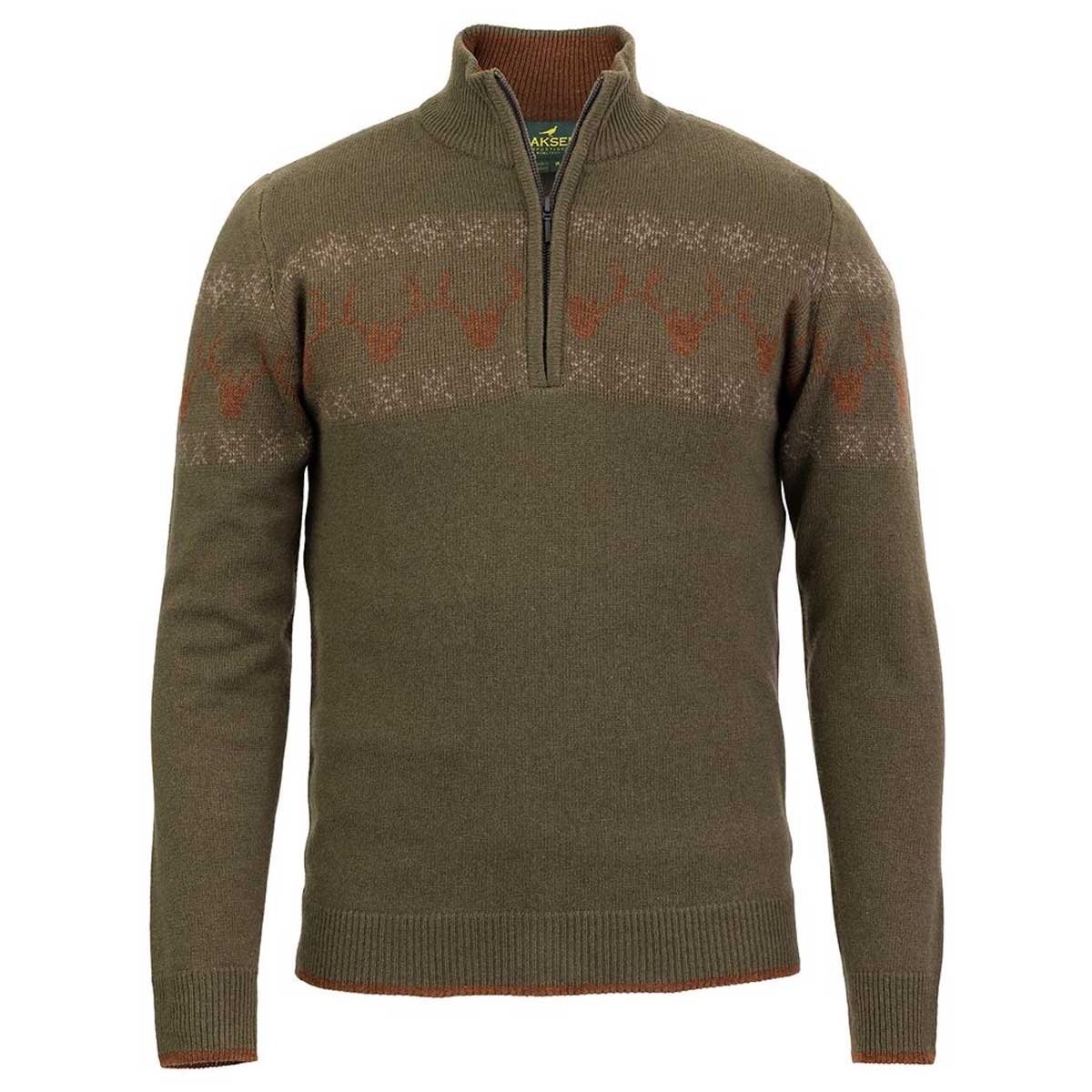 LAKSEN Deer Jacquard Zip Neck Sweater - Mens - Green