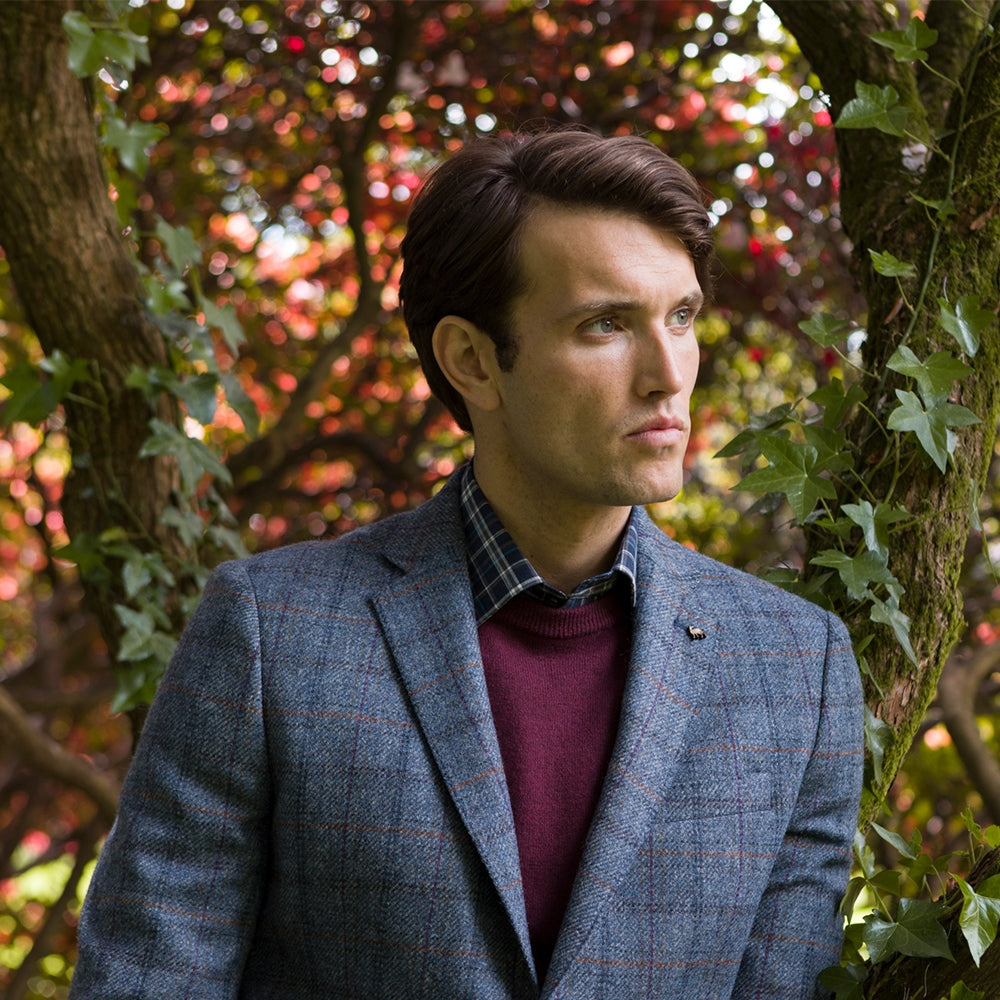 MAGEE Tweed Jacket - Mens Clady - Blue Twill With Rust, Navy & Plum Check Magee