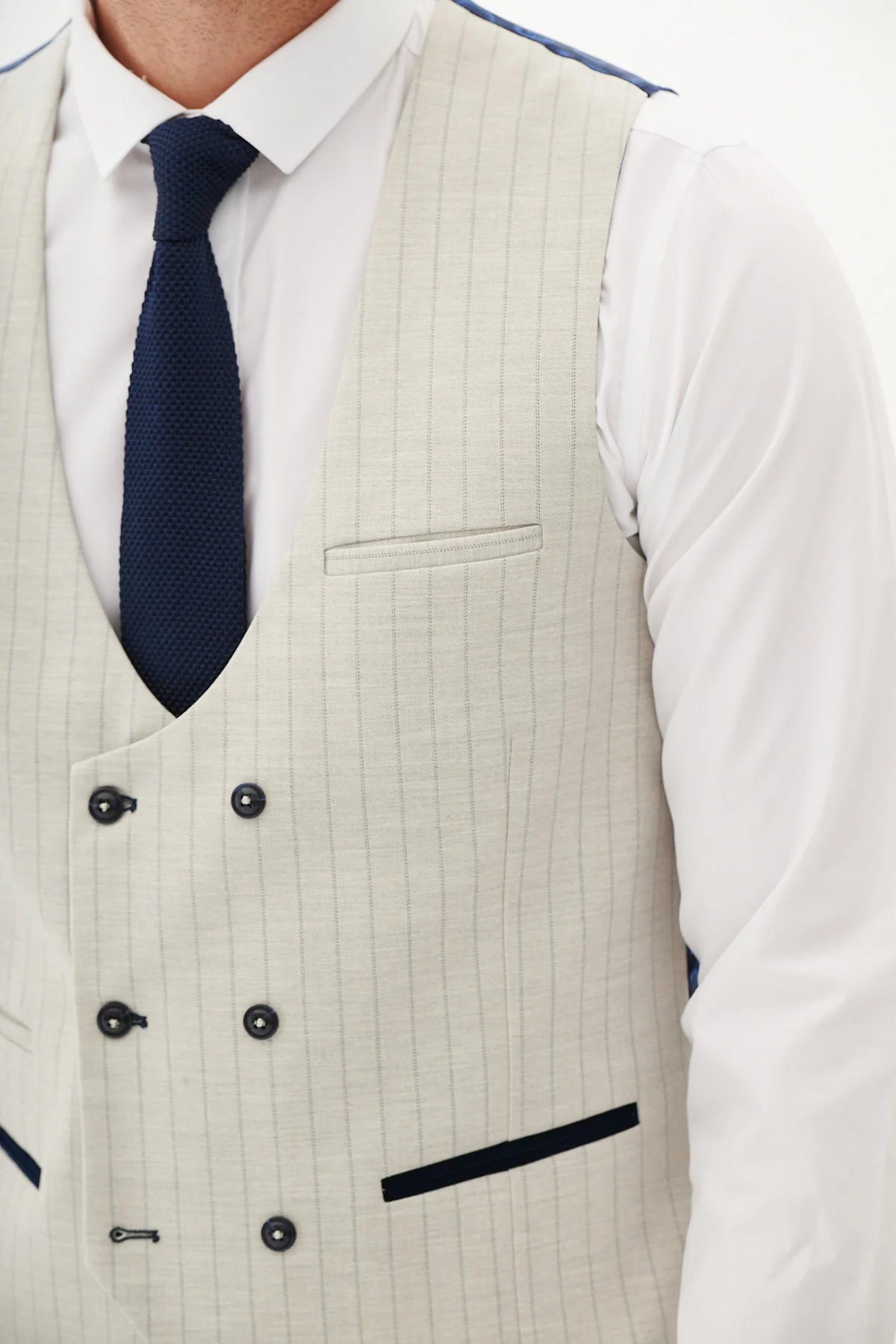 50% OFF - MARC DARCY Grant Double Breasted Waistcoat - Stone Pinstripe - Size: 38, 40 & 44