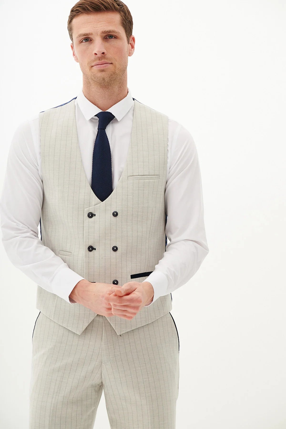 50% OFF - MARC DARCY Grant Double Breasted Waistcoat - Stone Pinstripe - Size: 38, 40 & 44