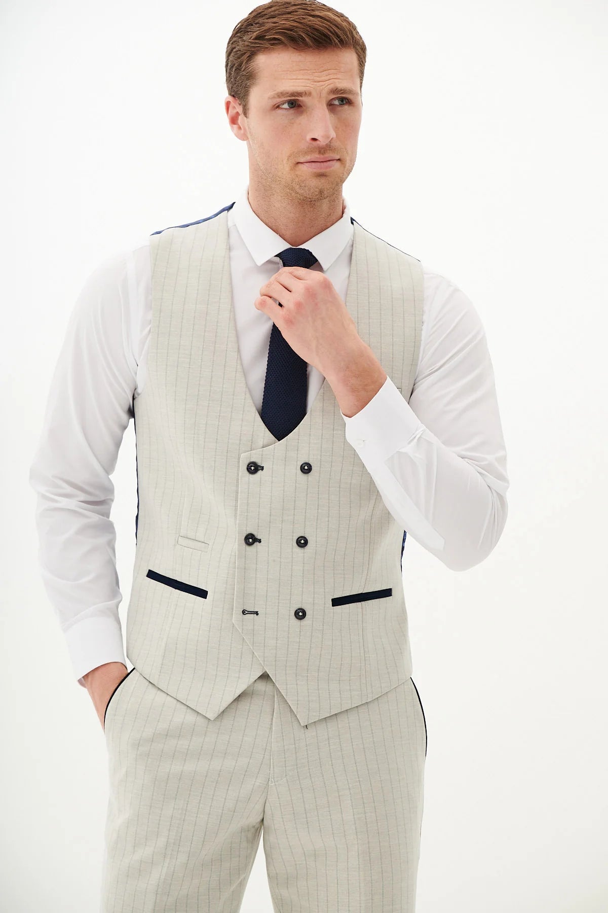 50% OFF - MARC DARCY Grant Double Breasted Waistcoat - Stone Pinstripe - Size: 38, 40 & 44