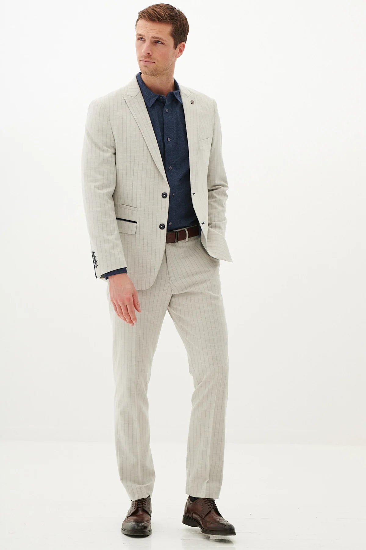 50% OFF - MARC DARCY Grant Tailored Blazer - Mens Slim Fit - Stone Pinstripe - Size: 44 Regular