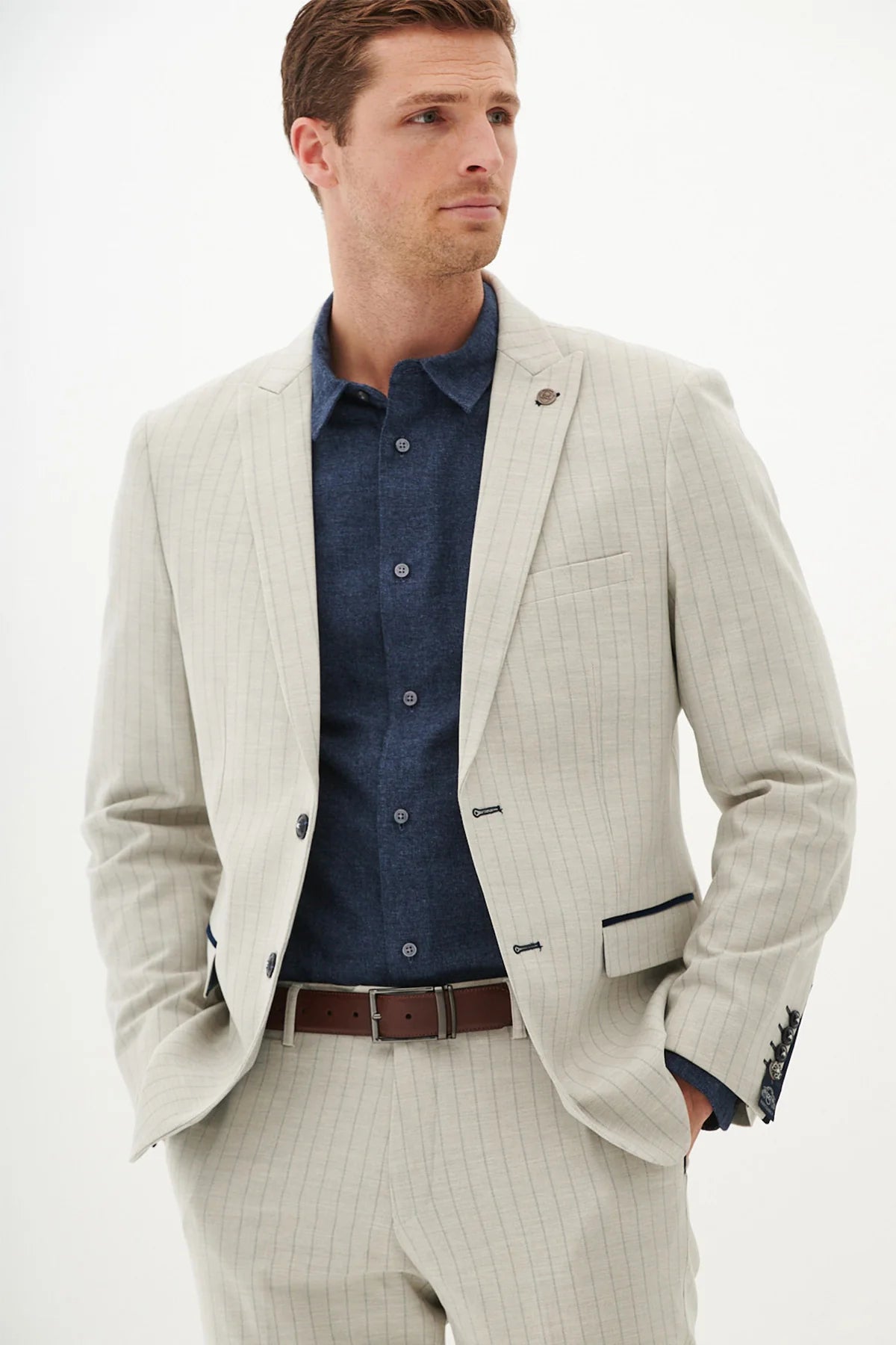 50% OFF - MARC DARCY Grant Tailored Blazer - Mens Slim Fit - Stone Pinstripe - Size: 44 Regular