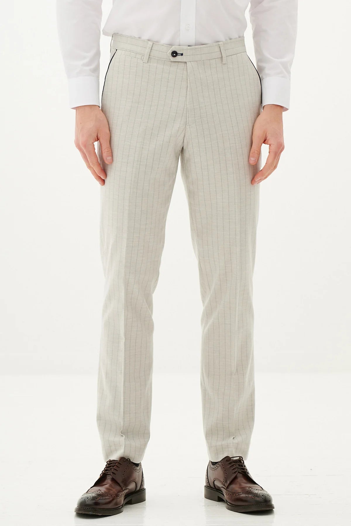 50% OFF - MARC DARCY Grant Tailored Trousers - Stone Pinstripe - Sizes: 32 & 38 Regular