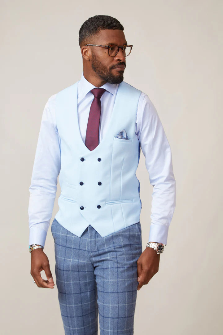 40% OFF - MARC DARCY Men's Kelvin Double Breasted Waistcoat - Sky Blue - Size: 40